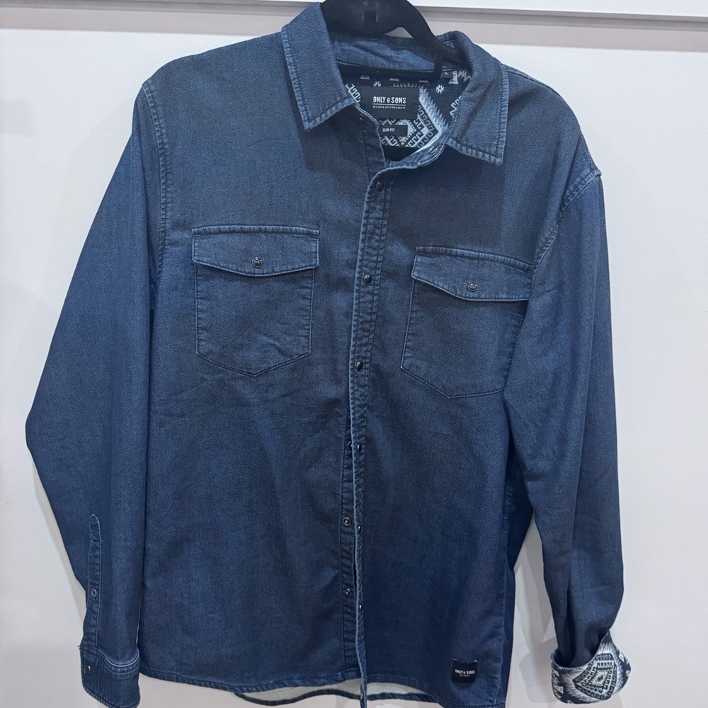 Only & Sons snap denim button up shirt.